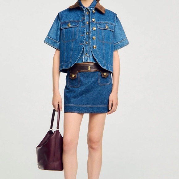 NWT Sandro Seattle Denim & Leather Jean Button Embellished Mini Skirt size 40 - Picture 2 of 11